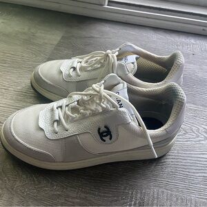 CHANEL sneakers tennis shoes white gray cc logo 41 10